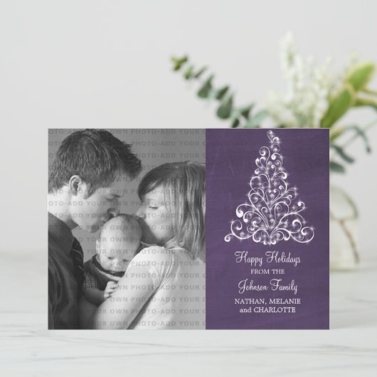 Sparkle Tree Chalkboard Flat Photo Card, Paars Feestdagenkaart (Staand voorkant)