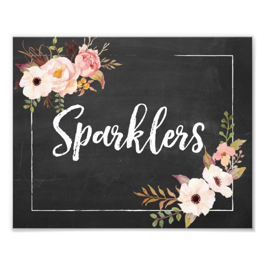 Sparklers Rustic Chalkboard Floral Wedding Sign Foto Afdruk (Voorkant)