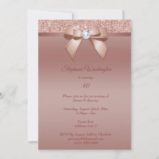 Sparkles & Glamor, Roos Gold Birthday Party Kaart (Achterkant)