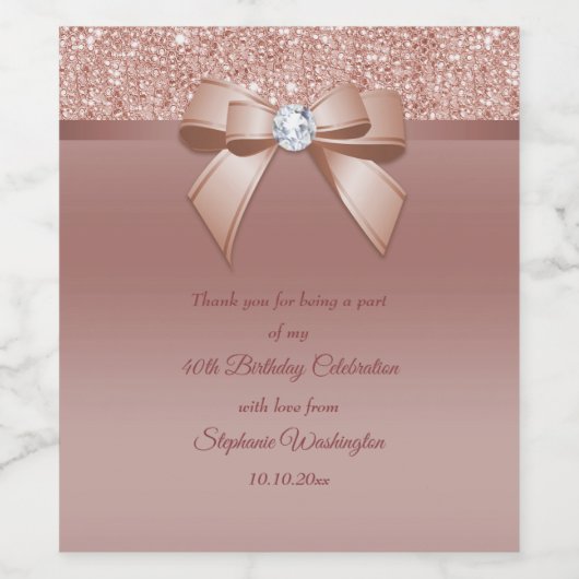 Sparkles & Glamor, Roos Gold Birthday Party Wijn Etiket (Enkel label)