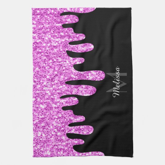 Sparkles Glitter roze zwart monogram Theedoek (Verticaal)