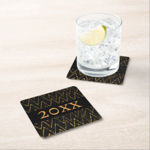 Sparkling Black & Chevron   Custom Gold Nieuwjaar Vierkante Kartonnen Onderzetter