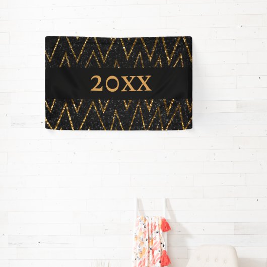 Sparkling Black Gold Chevron Nieuwjaar Telt Down Spandoek (Insitu)