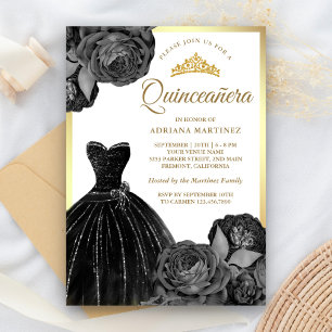 Sparkling Black Gown Grey Rozen Gold Quinceanera Kaart