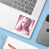 Sparkling Blue Eyed Prinses Meisje Sticker (Laptop met iPhone)