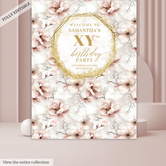 Sparkling Blush Floral Birthday Party Backdrop Wandkleed