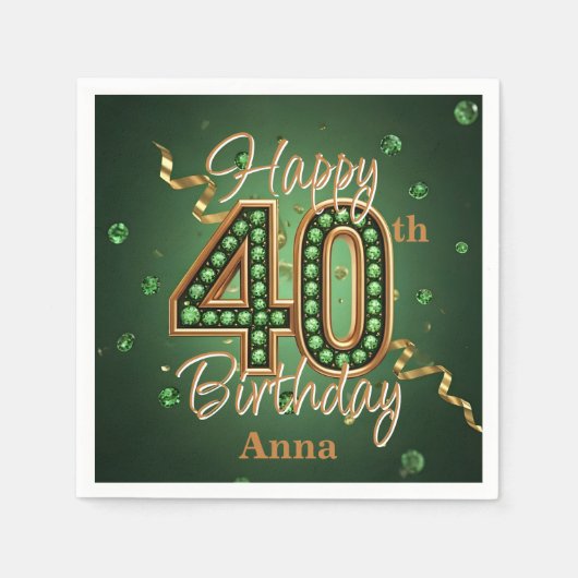 Sparkling Emerald Green and Gold 40th Birthday Servet (Voorkant)