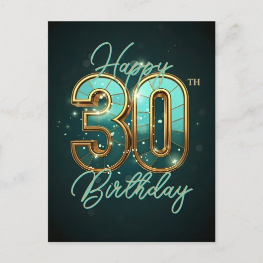 Sparkling Glanzende Turquoise en Goud 30e Verjaard Briefkaart (Voorkant)