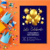 Sparkling Golden Balloons Stars Navy Verjaardag Kaart