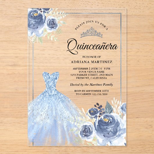 Sparkling Gown Zacht Blauw Rozen Zilver Quinceaner Acryl Uitnodigingen (Voorkant)