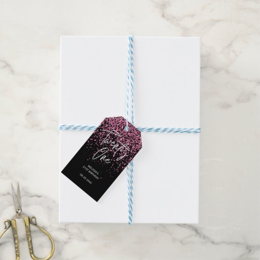 Sparkling Heet Roze Glitter Zwart 21e Verjaardag Cadeaulabel (Met Touw)