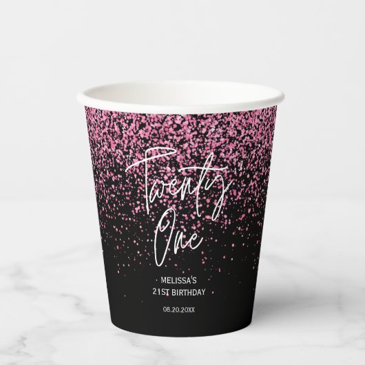 Sparkling Heet Roze Glitter Zwart 21e Verjaardag Papieren Bekers (Voorkant)