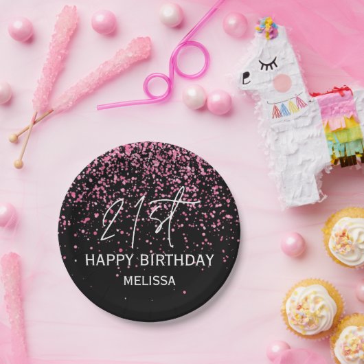 Sparkling Heet Roze Glitter Zwart 21e Verjaardag Papieren Bordje (Feest)