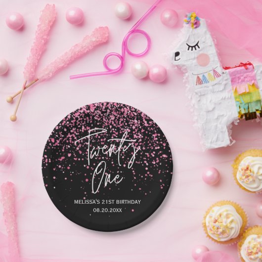 Sparkling Heet Roze Glitter Zwart 21e Verjaardag Papieren Bordje (Feest)