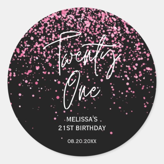 Sparkling Heet Roze Glitter Zwart 21e Verjaardag Ronde Sticker (Voorkant)