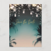 Sparkling Lights Palm Trees Beach Bewaar de datum Aankondigingskaart (Voorkant)