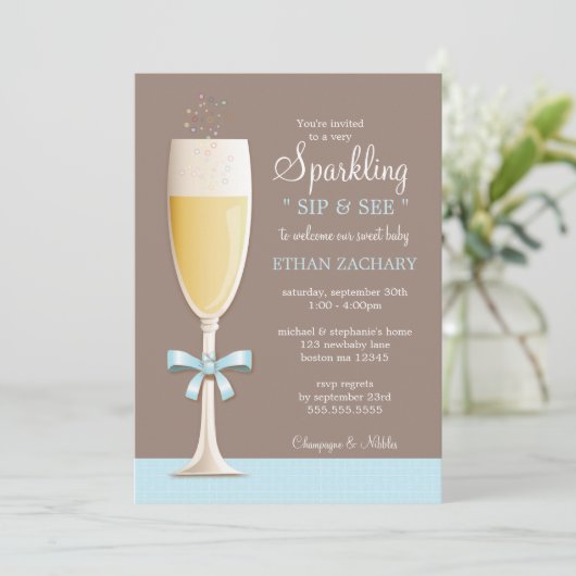 Sparkling New Baby Boy Sip and See Invitation (Debout devant)