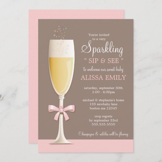 Sparkling New Baby Girl Sip and See Invitation (Devant / Derrière)