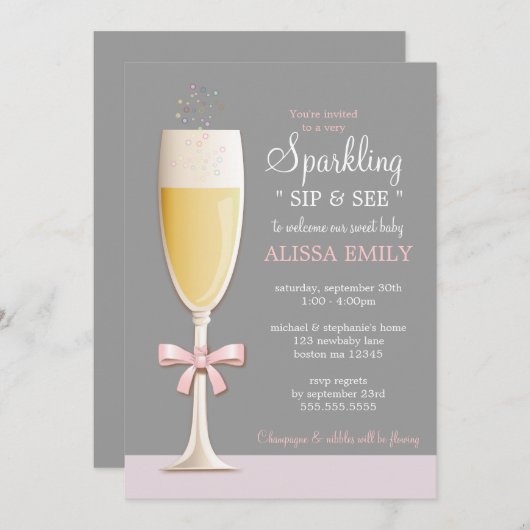 Sparkling New Baby Girl Sip and See Invitation (Devant / Derrière)