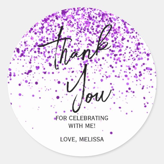 Sparkling Paarse Glitter Witte Verjaardag Dank u Ronde Sticker (Voorkant)