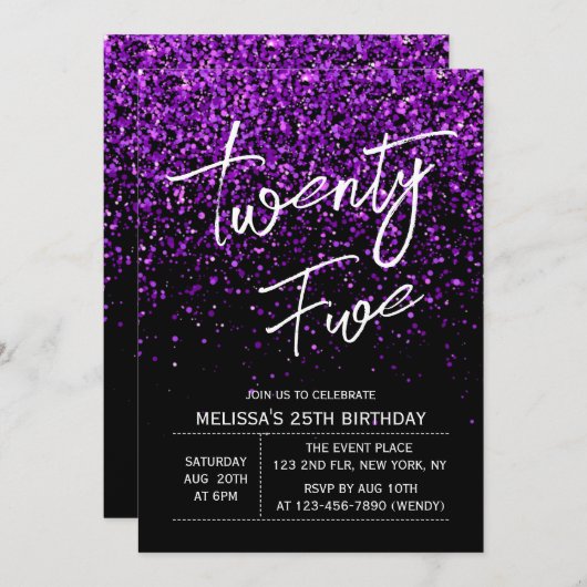 Sparkling Paarse Glitter Zwart Any Age Verjaardag Kaart (Voorkant / Achterkant)