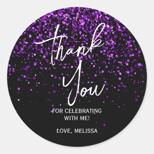 Sparkling Paarse Glitter Zwart Verjaardag Bedankt Ronde Sticker (Voorkant)