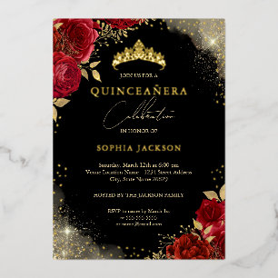 Sparkling Rode Gouden Rozen Tiara Quinceanera Folie Uitnodiging