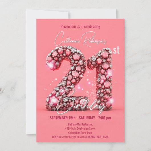 Sparkling Roze en Zilveren Edelstenen 21e Verjaard Kaart (Voorkant)