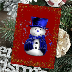 Sparkling Sneeuwman in Blauwe Fluwelen Kerstmis Kaart