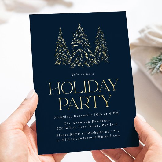 Sparkling Winter Pine Navy Holiday Party Folie Uitnodiging