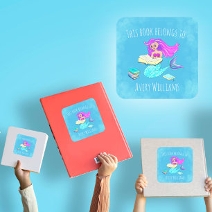 Sparkling Zeemeermin Met Bril Boek Is Van Vierkante Sticker