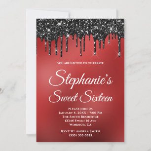 Sparkly Black Glitter Dark Red Gradient Sweet 16 Kaart