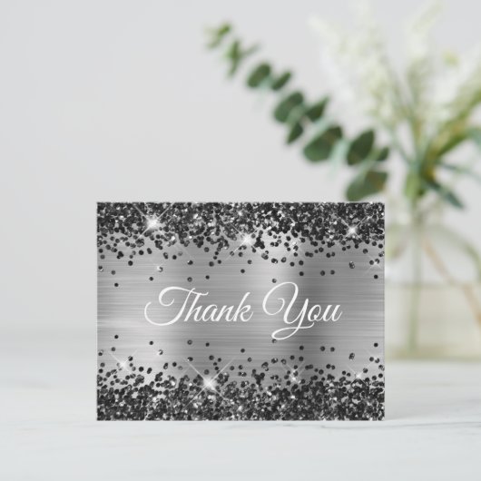 Sparkly Black Glitter Silver Foil Hartelijk dank Briefkaart (Staand voorkant)