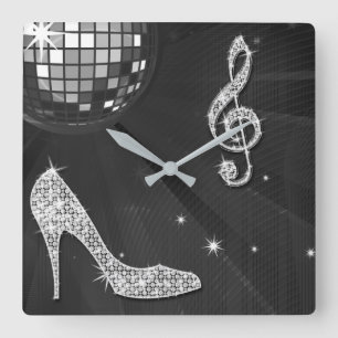 Sparkly Black Music Note & Stiletto Heel Vierkante Klok