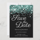 Sparkly Blauwgroen Glitter Black Elegant Calligraf Save The Date (Voorkant)