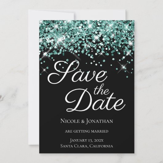 Sparkly Blauwgroen Glitter Black Elegant Calligraf Save The Date (Voorkant)
