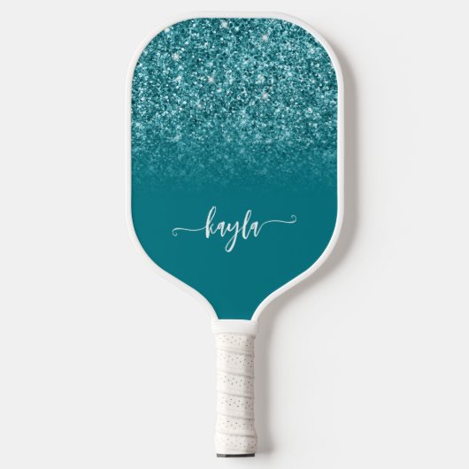 Sparkly Blauwgroen Glitter Ombre Modern Script Pickleball Paddle (Voorkant)