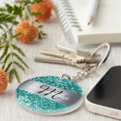Sparkly Blauwgroen Glitter Silver Foil Monogram Sleutelhanger (Voorkant Rechts)