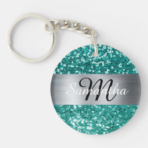 Sparkly Blauwgroen Glitter Silver Foil Monogram Sleutelhanger
