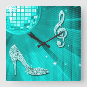 Sparkly Blauwgroen Music Note & Stiletto Hiel Vierkante Klok