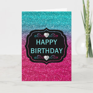 Sparkly Blue and Pink Gradient Glitter Birthday Kaart
