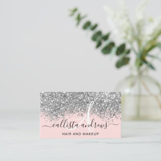 Sparkly Blush Roze Zilver Confetti Glitter Visitekaartje (Staand voorkant)