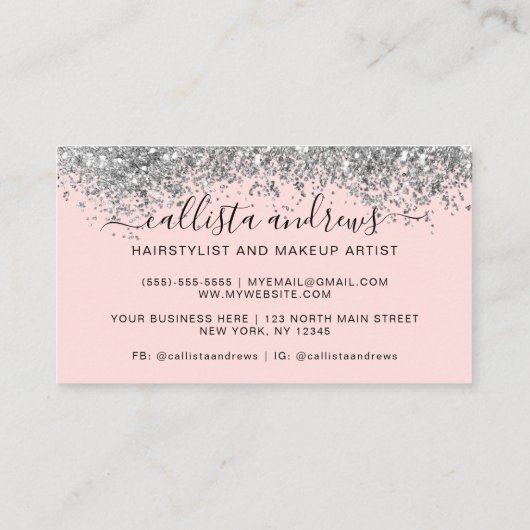 Sparkly Blush Roze Zilver Confetti Glitter Visitekaartje (Achterkant)