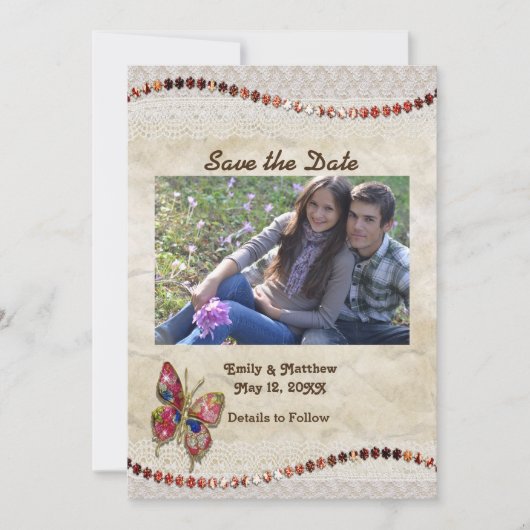 Sparkly Butterfly, Lace & Parchment Save the Date (Voorkant)