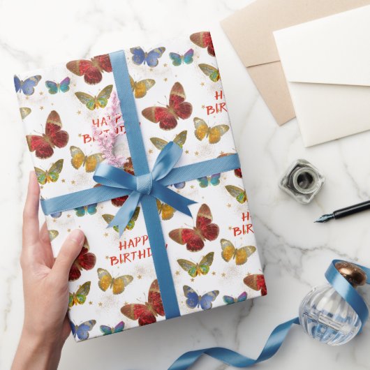 Sparkly Butterfly Stars Birthday Cadeaupapier (Geschenken)