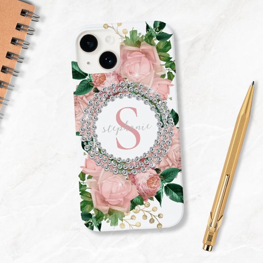 Sparkly Custom Roze Rozen Diamanten Monogram Case-Mate iPhone Case