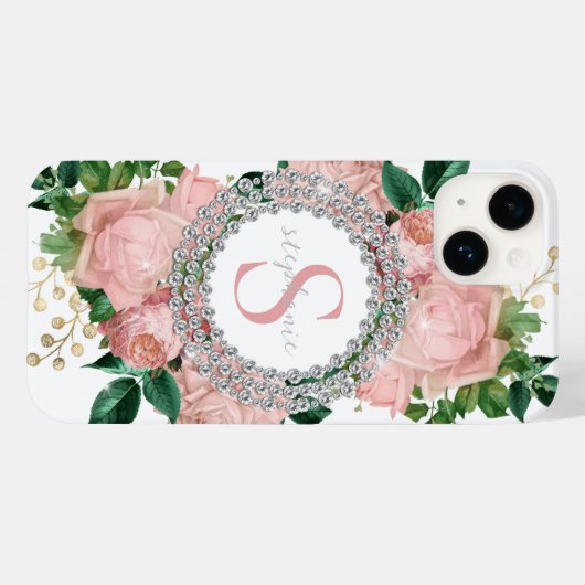 Sparkly Custom Roze Rozen Diamanten Monogram Case-Mate iPhone Case (Achterkant (horizontaal))