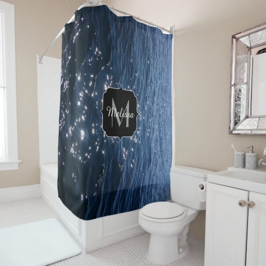 Sparkly Deep Blue Zee Waves Monogram Douchegordijn (In situ)