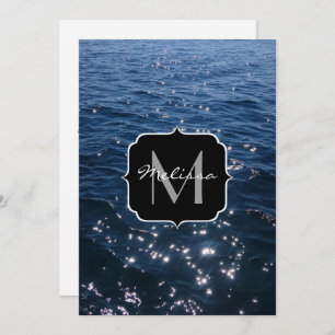 Sparkly Deep Blue Zee Waves Monogram Kaart