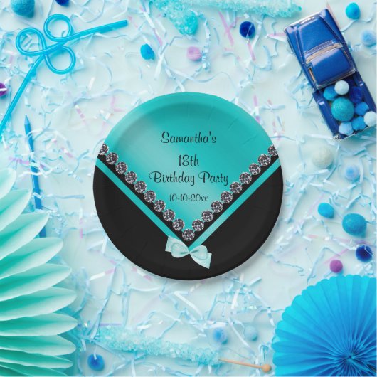 Sparkly Diamonds & Blauwgroen Bow 18th Birthday Papieren Bordje (Feest)
